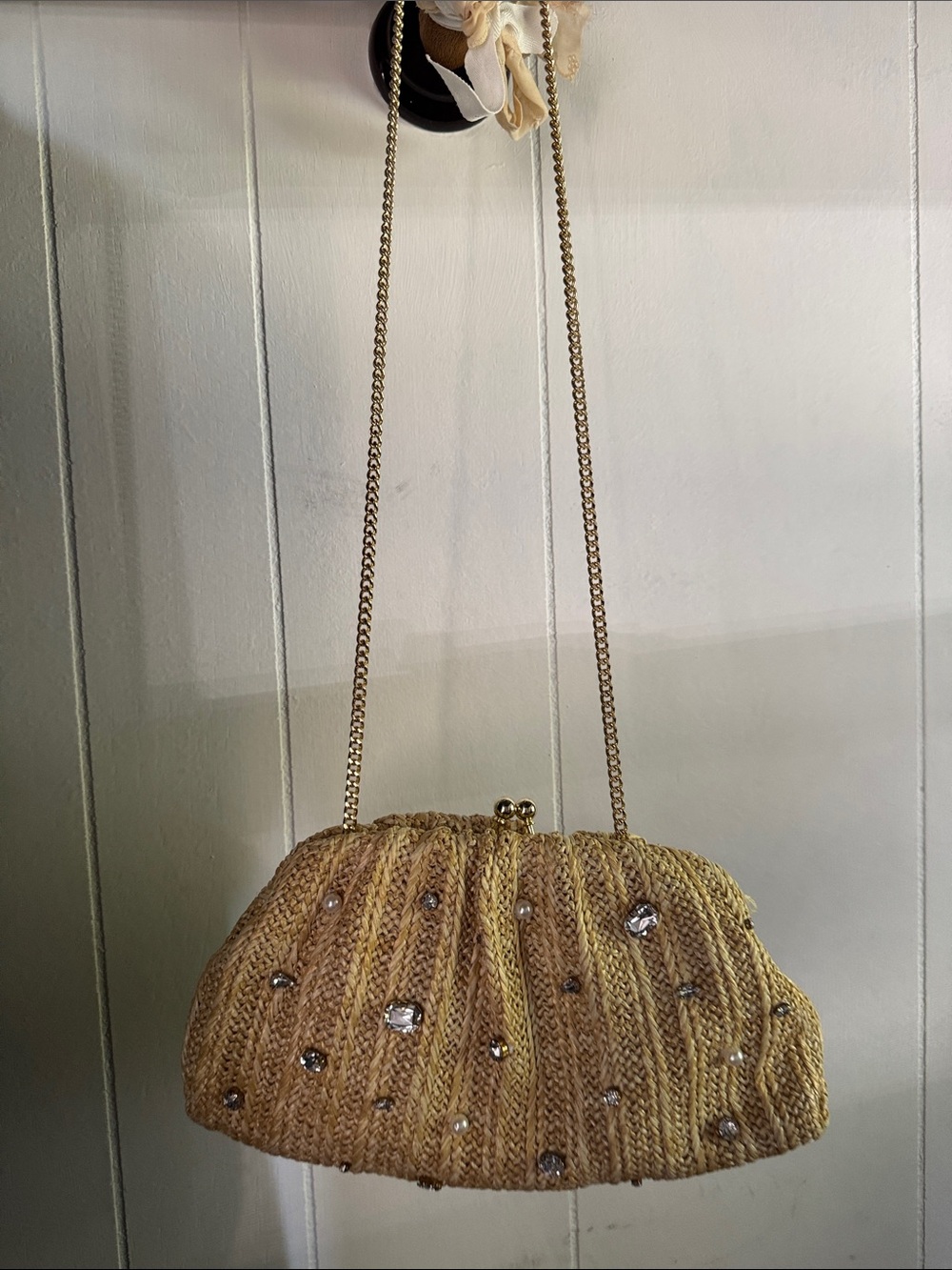 J. Crew Gold Woven Beaded Kiss-Lock Crossbody Clutch
